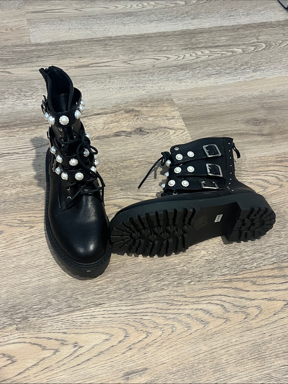 Black Pearl-Embellished Combat Boots - Women